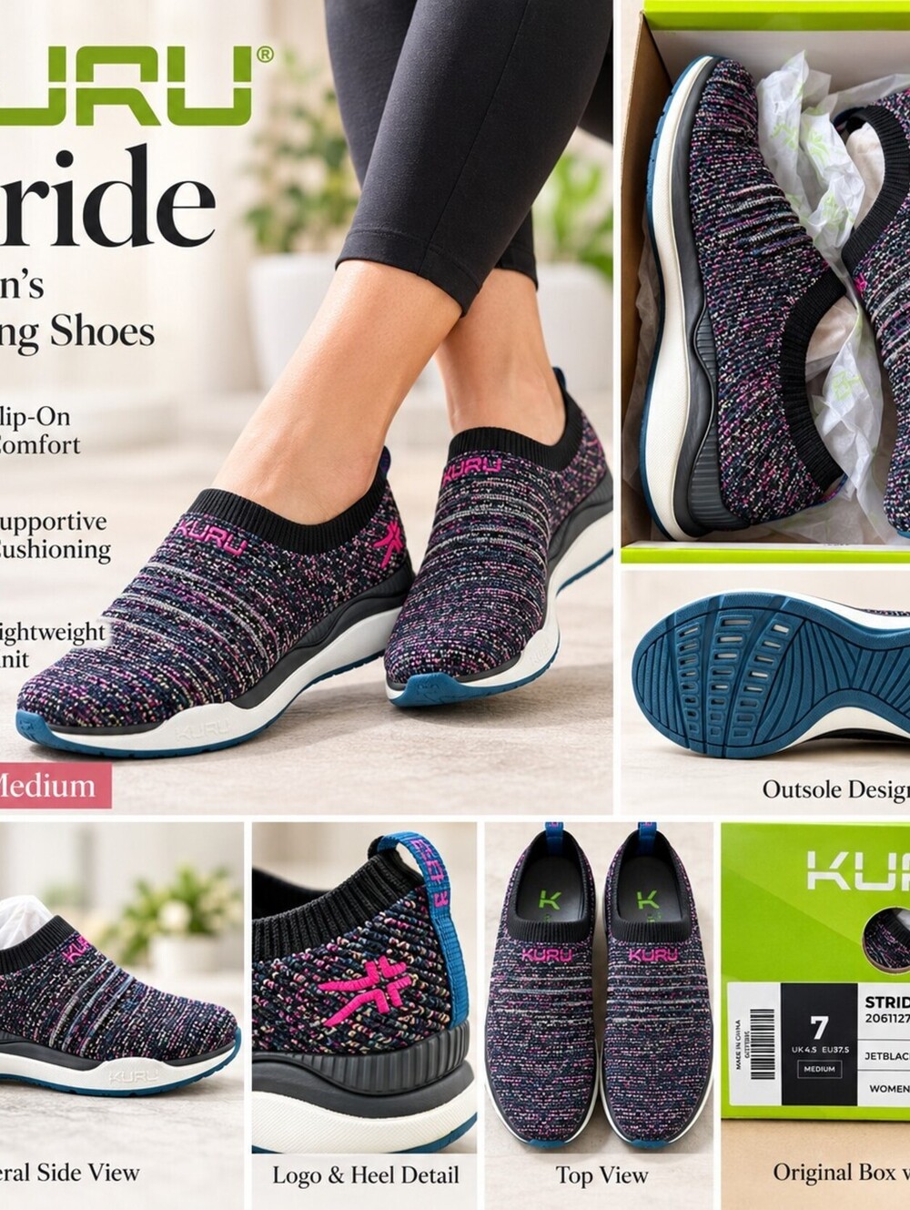 KURU Stride Women’s 7M Black Confetti Knit Slip On Walking Shoes NIB MSRP $139
